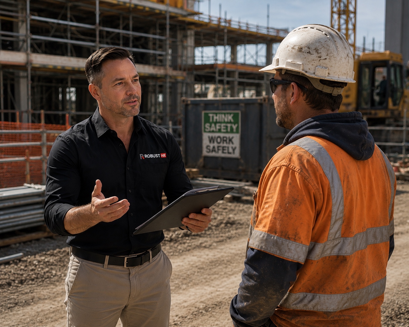 Robust HR consultant advising a construction worker on a Perth building site