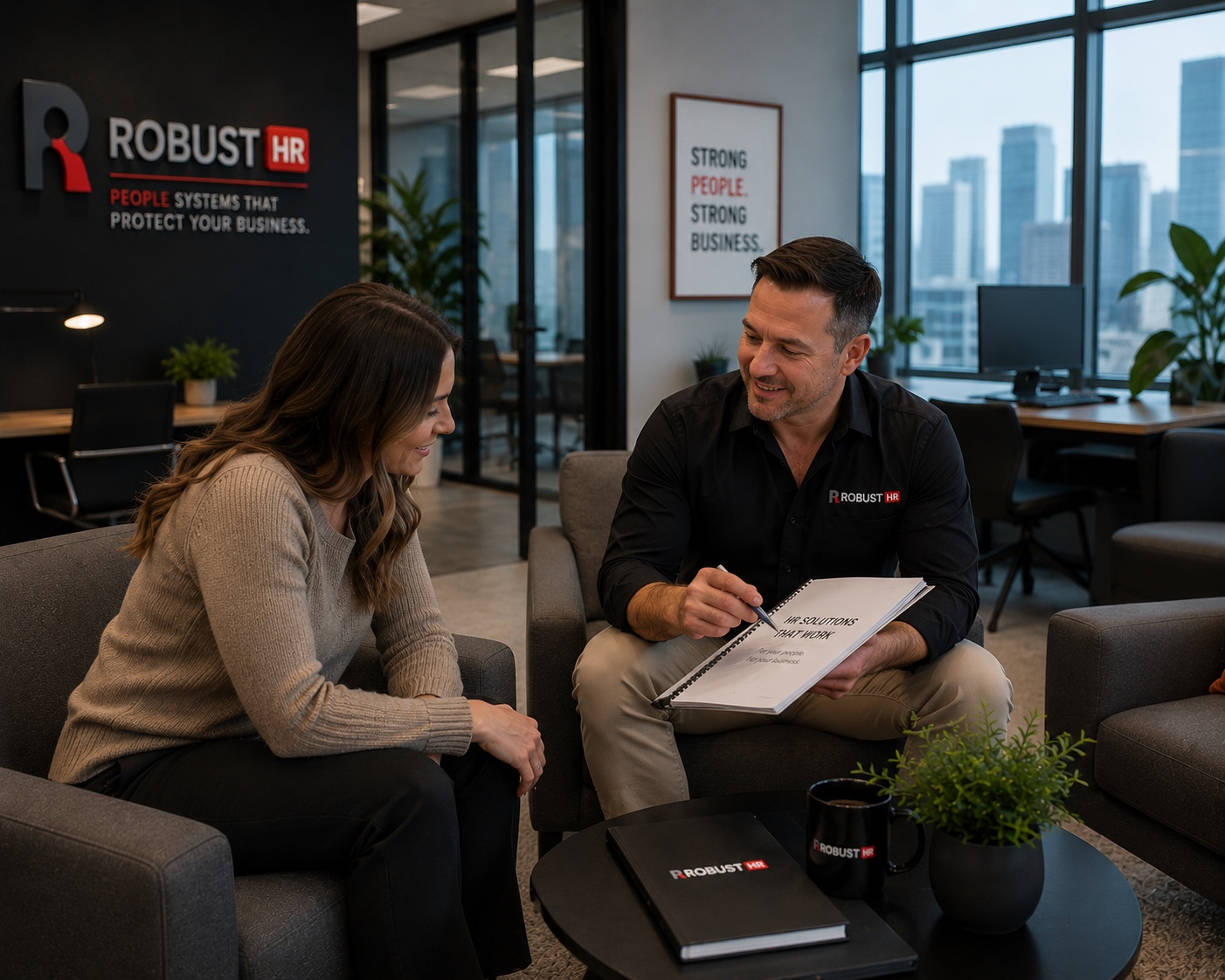 A Robust HR consultant meeting with a client in a Perth office to work through a workplace issue