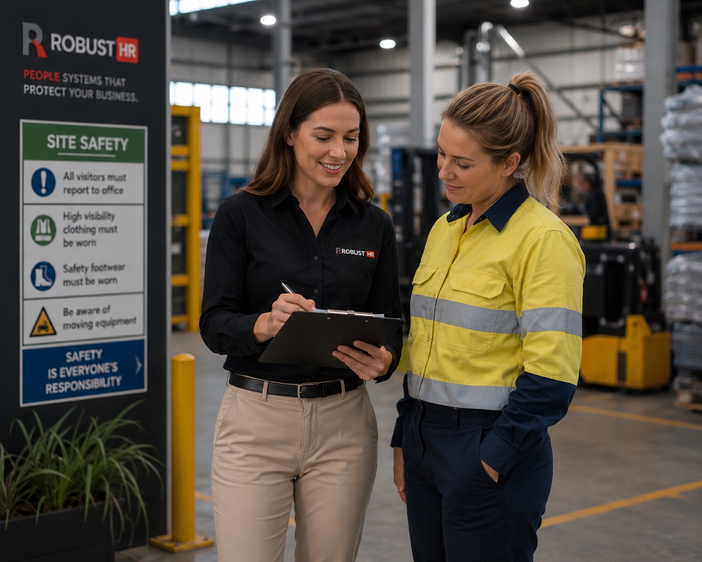 A Robust HR consultant providing practical workplace HR support to a worker at an industrial site in Perth